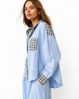 Damen Schlafanzug-Set mit Knopfhemd und elastischer Bundhose in Blau