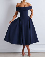 Damen Schulterfreies Midikleid mit gefaltetem Halsausschnitt und ausgestelltem Rock in Marine