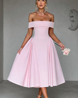 Damen Schulterfreies Midikleid mit gefaltetem Halsausschnitt und ausgestelltem Rock in Rosa