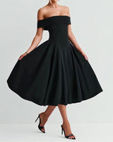 Damen Schulterfreies Midikleid mit gefaltetem Halsausschnitt und ausgestelltem Rock in Schwarz