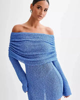 Damen Schulterfreies Minikleid mit Langen Ärmeln Drapierter Brustpartie und Strukturierter Oberfläche in Blau