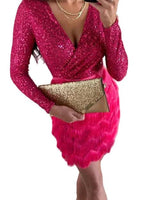 Damen Schwarzes Pailletten-Minikleid mit Federrock in Rosa