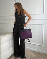Damen-Set aus Weste mit Knopfleiste und Hose mit weitem Bein in Schwarz