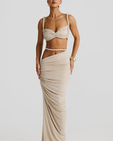 Damen Set mit Bustier-Oberteil und Maxirock mit geflochtenen Trägern und seitlicher Raffung in Aprikose