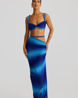 Damen Set mit Bustier-Oberteil und Maxirock mit geflochtenen Trägern und seitlicher Raffung in Blau