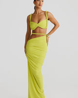 Damen Set mit Bustier-Oberteil und Maxirock mit geflochtenen Trägern und seitlicher Raffung in Grün