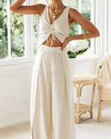 Damen Set mit Crop-Top und Hose mit Seitenschlitzen in Aprikose