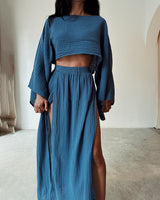 Damen Set mit Crop-Top und Maxirock mit Seitenschlitz in Blau