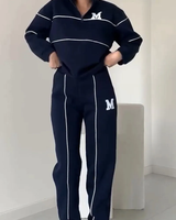 Damen Set mit Halbreißverschluss-Pullover und Jogginghose mit Kontraststreifen in Blau