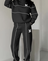 Damen Set mit Halbreißverschluss-Pullover und Jogginghose mit Kontraststreifen in Schwarz