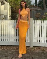Damen Set mit Haltertop und Maxirock in Orange