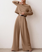 Damen Set mit Langarmshirt und Hose in Braun