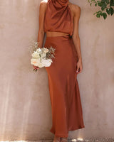 Damen Set mit Neckholder-Top und Midirock in Dunkelbraun