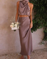 Damen Set mit Neckholder-Top und Midirock in Lila