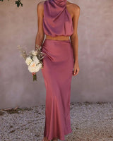Damen Set mit Neckholder-Top und Midirock in Rosenrot