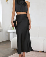 Damen Set mit Neckholder-Top und Midirock in Schwarz