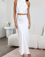 Damen Set mit Neckholder-Top und Midirock in Weiß