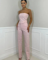 Damen Set mit Oberteil Paillettenbesatz und langer Hose in Rosa