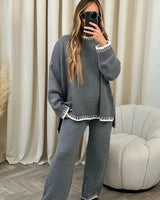 Damen-Set mit Rundhalsausschnitt-Pullover und langer Hose in Grau