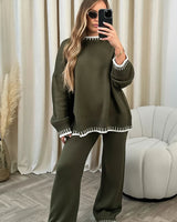 Damen-Set mit Rundhalsausschnitt-Pullover und langer Hose in Grün