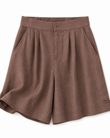 Damen Shorts mit hohem Bund, Knopfverschluss, Falten und Seitentaschen in Braun