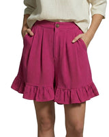 Damen Shorts mit hohem Bund und Falten und Volantsaum und Knopfverschluss in Rosa