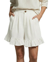 Damen Shorts mit hohem Bund und Falten und Volantsaum und Knopfverschluss in Weiß