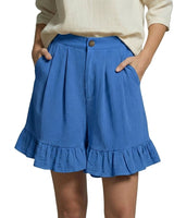 Damen Shorts mit hohem Bund und Falten und Volantsaum und Knopfverschluss in Blau