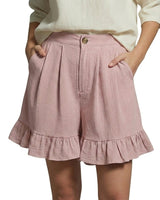 Damen Shorts mit hohem Bund und Falten und Volantsaum und Knopfverschluss in Hellrosa