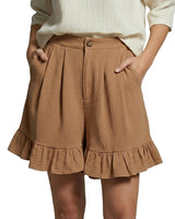 Damen Shorts mit hohem Bund und Falten und Volantsaum und Knopfverschluss in Khaki