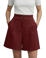 Damen Shorts mit hohem Bund und weitem Bein sowie Falten und zwei Knöpfen in Burgund