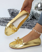 Damen Slipper-Loafer mit Schleifendetail und Genähter Oberfläche in Gold