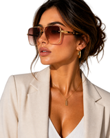 Damen Sonnenbrille mit Aviator-Rahmen und Doppelsteg aus Metall in Braun