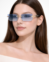 Damen Sonnenbrille ohne Rahmen mit rechteckigen Gläsern und Metallsteg in Hellblau