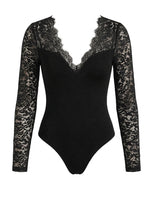 Damen Spitzenärmel Bodybluse mit tiefem Ausschnitt in Schwarz