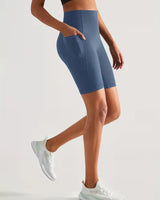 Damen Sport-Leggings Shorts mit Tasche in Retro Blau