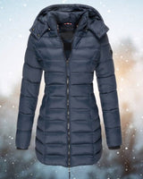 Luisa | Damen Steppjacke Kapuze Langer Schnitt Warme Winterjacke in Marineblau