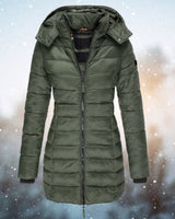 Luisa | Damen Steppjacke Kapuze Langer Schnitt Warme Winterjacke in Grün