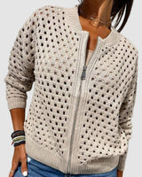 Elfriede | Damen Strick-Cardigan mit Lochmuster und Reißverschluss in Beige