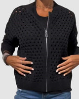 Elfriede | Damen Strick-Cardigan mit Lochmuster und Reißverschluss in Schwarz