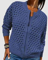 Elfriede | Damen Strick-Cardigan mit Lochmuster und Reißverschluss in Blau