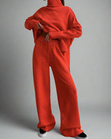 Damen Strick-Set mit Rollkragenpullover und weiter Hose in Rot