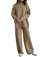 Damen Strick-Set mit Rollkragenpullover und weiter Hose in Beige