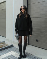 Damen Strick Set mit Rundhals Pullover und Minirock und Rippenbündchen in Schwarz