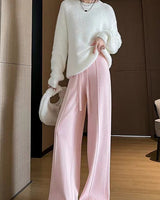 Damen Strickhose mit weitem Bein und elastischem Bund in Rosa