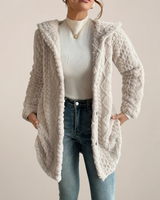 Damen Strickjacke mit Kapuze Zopfmuster Knopfleiste und langen Ärmeln in Beige
