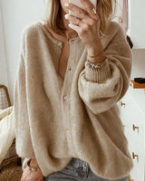 Damen Strickjacke mit Knopfleiste V-Ausschnitt und Langen Ärmeln in Khaki