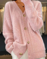 Johanna | Damen Strickjacke mit langen Ärmeln Zopfmuster V-Ausschnitt Cardigan in Rosa