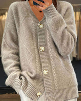 Johanna | Damen Strickjacke mit langen Ärmeln Zopfmuster V-Ausschnitt Cardigan in Grau