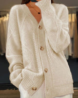 Johanna | Damen Strickjacke mit langen Ärmeln Zopfmuster V-Ausschnitt Cardigan in Beige